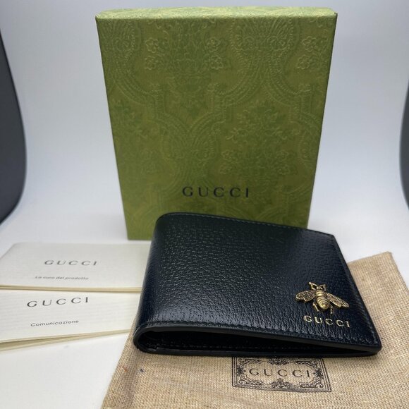 Gucci Grained Leather Bifold Wallet with Bee Insignia in Black - NWOT - Picture 2 of 11